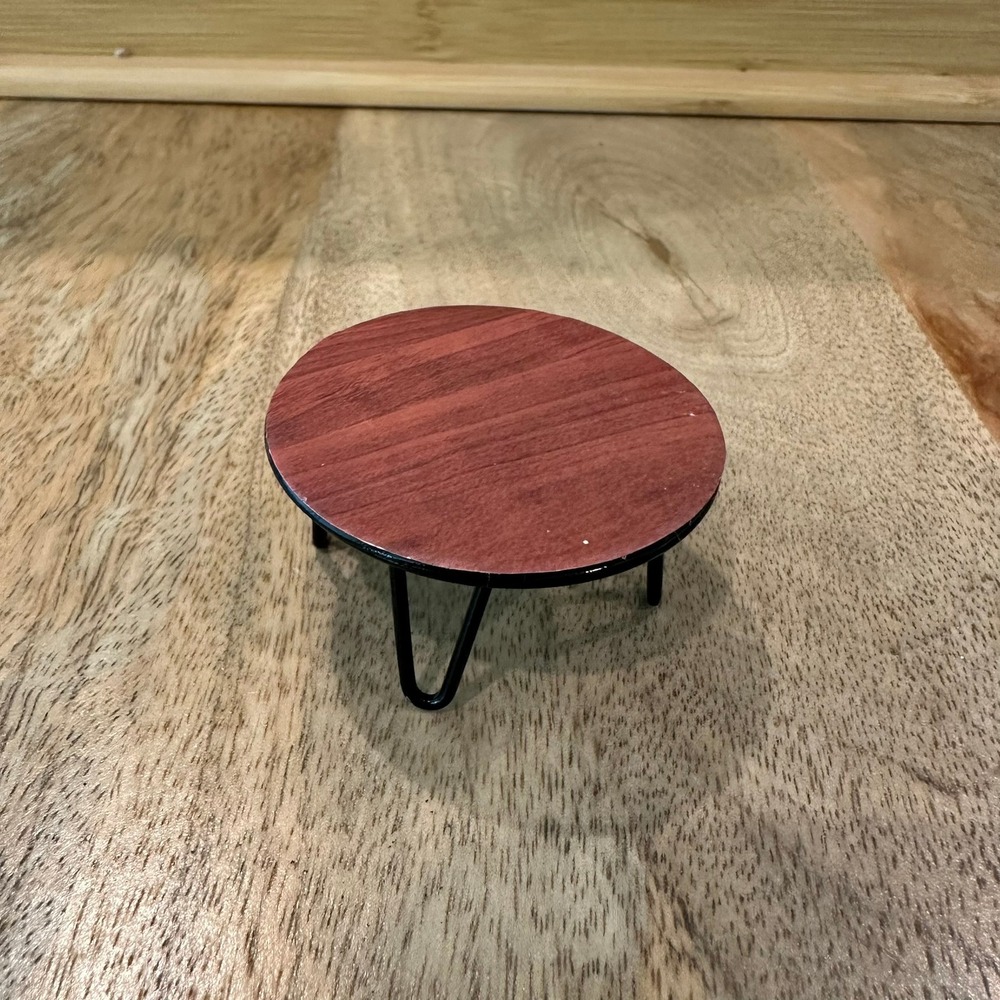 Miniature Round Coffee Table Faux Wood Top Black Metal Hairpin Legs 2.5 Inch